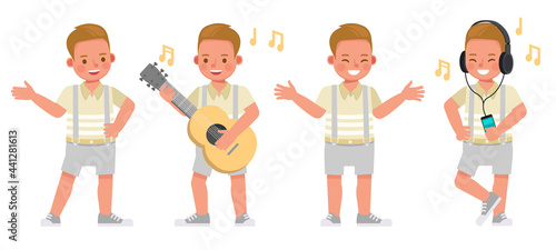 Set of children character vector design. Boy wear yellow shirt and grey shorts. Presentation in various action with emotions.