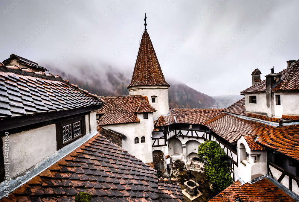 Bran Castle roofs on misty mountains background