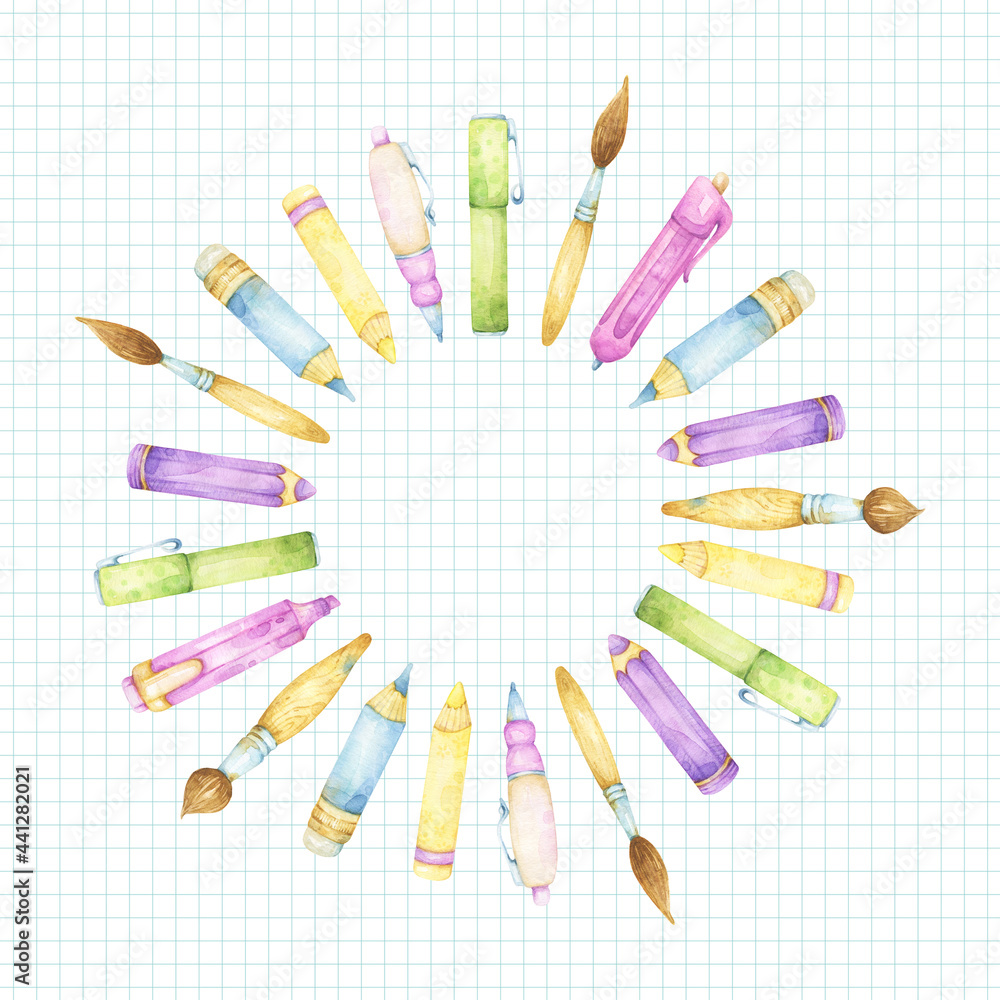 Ready to use square design back to school template with selection of school supplies, pens, pencils, brushes, colorful, arranged in circle, on school paper background, for social network, cards Ready to use square design back to school template with selection of school supplies, pens, pencils, brushes, colorful, arranged in circle, on school paper background, for social network, cards