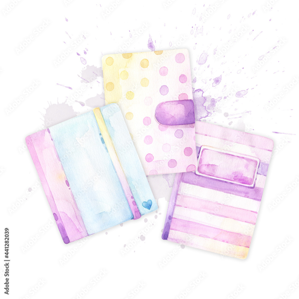 Set of back to school pink and blue notebooks, notepads, flatlay, pencils, crafty, arty, stationery, stickers, for planner, card, diary, watercolor illustration, lifestyle, feminine design, square Set of back to school pink and blue notebooks, notepads, flatlay, pencils, crafty, arty, stationery, stickers, for planner, card, diary, watercolor illustration, lifestyle, feminine design, square