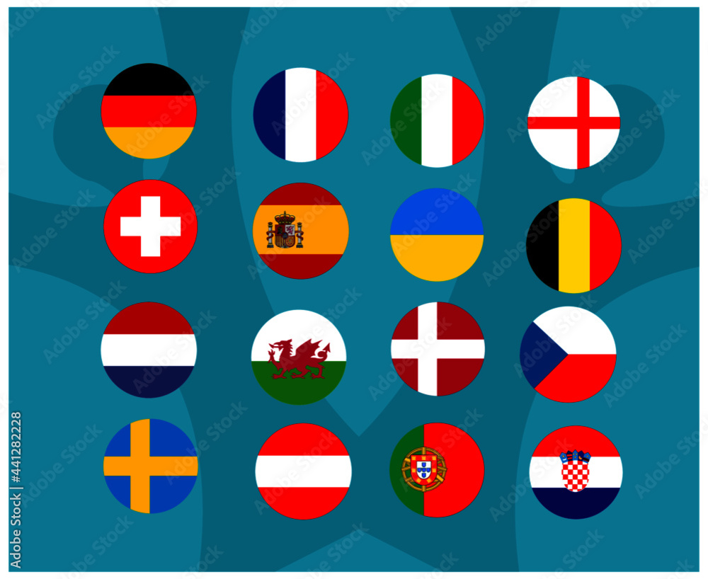 European football 2020 Round of 16.European soccer final.Flags Countries
