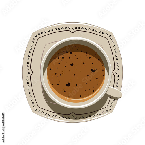 Aromatyczna gorąca kawa w porcelanowej filiżance. Cappuccino z dużą ilością mleka i serduszkami na piance. Ilustracja dla kawiarni lub restauracji. Element ulotki lub menu.