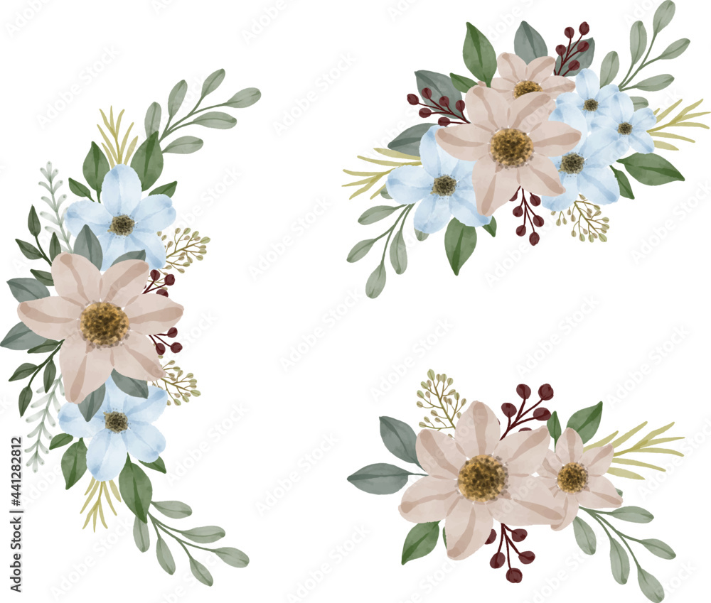 arrangement floral watercolor of peach and blue for greeting and