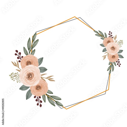 hexagon frame with peach roses bouquet for wedding card, vector design