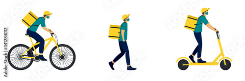 Set Delivery Man Wearing Mask, vector image, online delivery service concept, online order tracking, delivery home and office, scooter and bicycle courier, сourier delivering food.