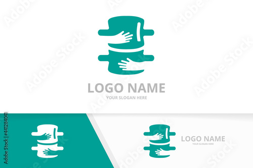 Vector spine and embrace logo combination. Vertebral column and hands logotype design template.