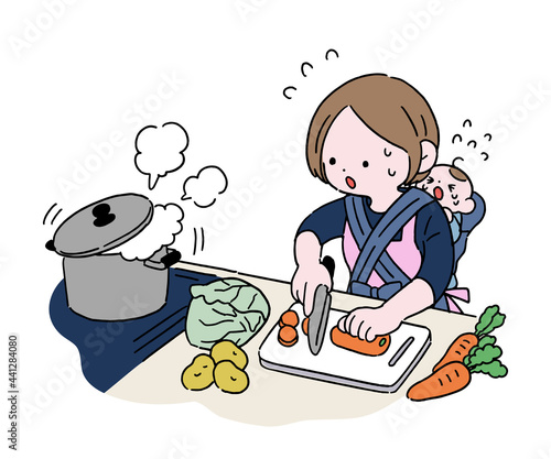 赤ちゃんをおんぶして慌ただしく料理をする主婦