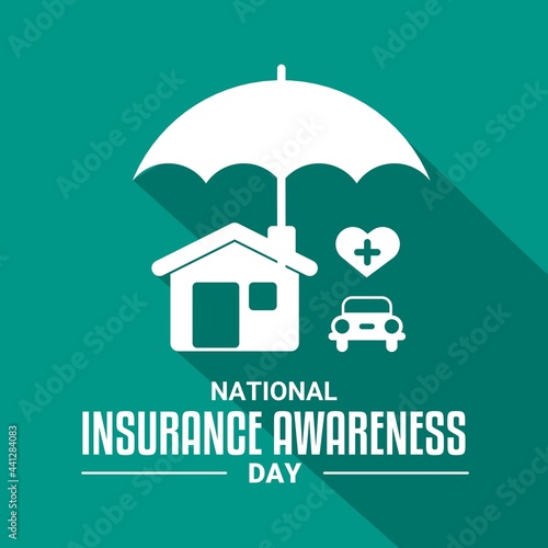 Vector illustration, National Insurance Awareness Day, with house, car, umbrella and health symbols icons.