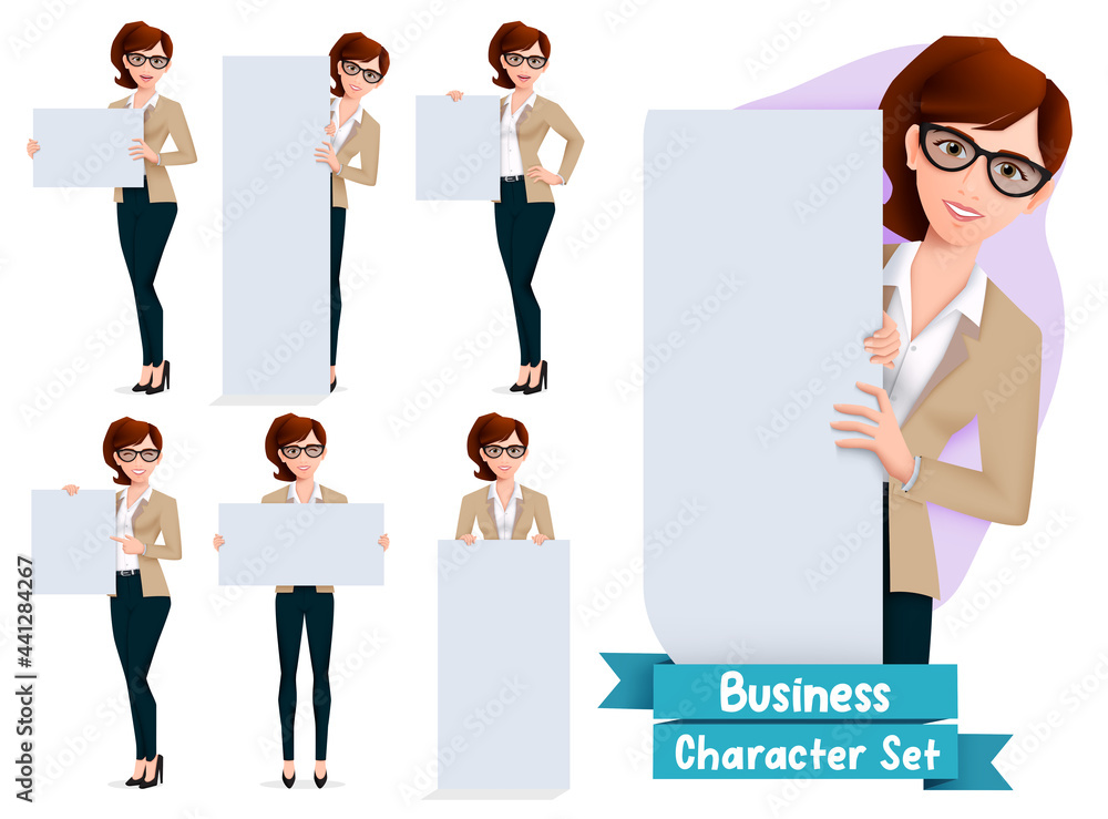 Business woman presentation character vector set. Businesswoman characters in presenting pose and gestures holding whiteboard element for employee presenter collection design. Vector illustration
 - obrazy, fototapety, plakaty 