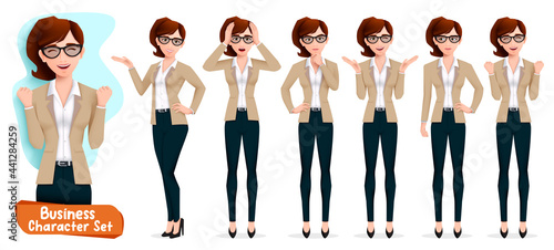 Business woman character vector set. Businesswoman boss female characters in standing pose with cheerful, happy and thinking gestures for office manager collection design. Vector illustration
