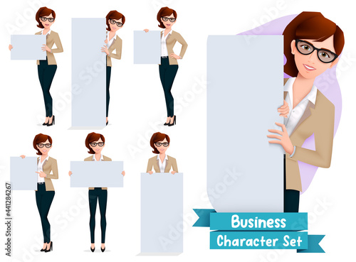 Business woman presentation character vector set. Businesswoman characters in presenting pose and gestures holding whiteboard element for employee presenter collection design. Vector illustration

