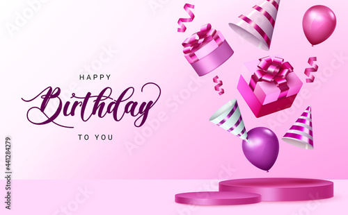 Happy birthday vector banner design. Happy birthday to you text in pink background space with gifts, balloons and party hats elements for birth day celebration greeting card. Vector illustration
