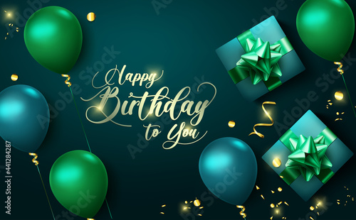 Happy birthday vector banner background. Happy birthday to you text with party elements like balloons, gifts and confetti for birth day celebration greeting card design. Vector illustration
