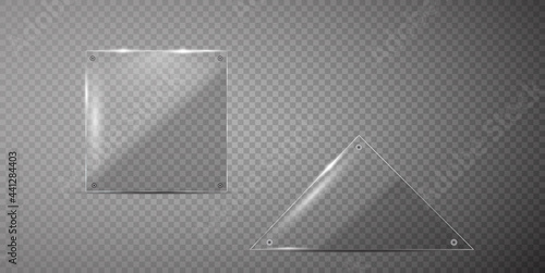 Glass plate on transparent background. Acrylic and glass texture with glares and light. Realistic transparent glass 