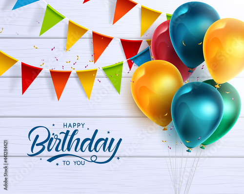 Happy birthday vector banner design. Happy birthday to you greeting text with colorful celebration elements like balloons and pennants for birth day card decoration. Vector illustration
