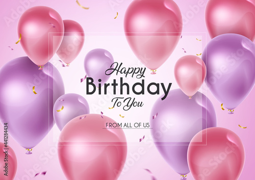 Birthday balloons vector banner template. Happy birthday to you text in empty space with balloon and confetti background decoration element for birth day card greeting design. Vector illustration

