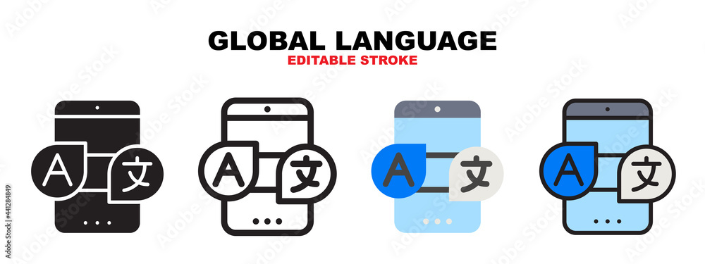 Global Language icon set with different styles. Icons designed in filled, outline, flat, glyph and line colored. Editable stroke and pixel perfect. Can be used for web, mobile, ui and more. Global Language icon set with different styles. Icons designed in filled, outline, flat, glyph and line colored. Editable stroke and pixel perfect. Can be used for web, mobile, ui and more.