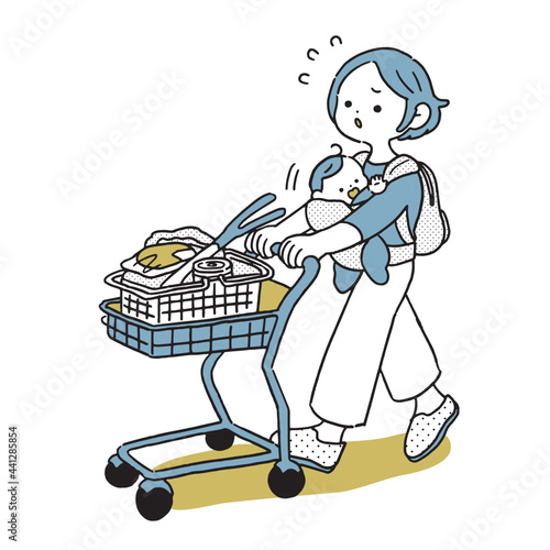 赤ちゃんを連れてカートで買い物をする主婦　困り顔　シンプル