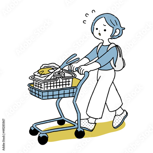 カートで買い物をする主婦　困り顔　シンプル