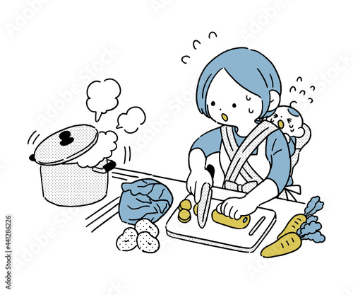 赤ちゃんをおんぶして慌ただしく料理をする主婦　シンプル