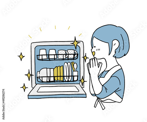 食洗機で時短家事をして喜ぶ主婦　シンプル