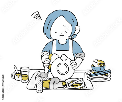 食器洗いをめんどくさがる主婦　困り顔　シンプル