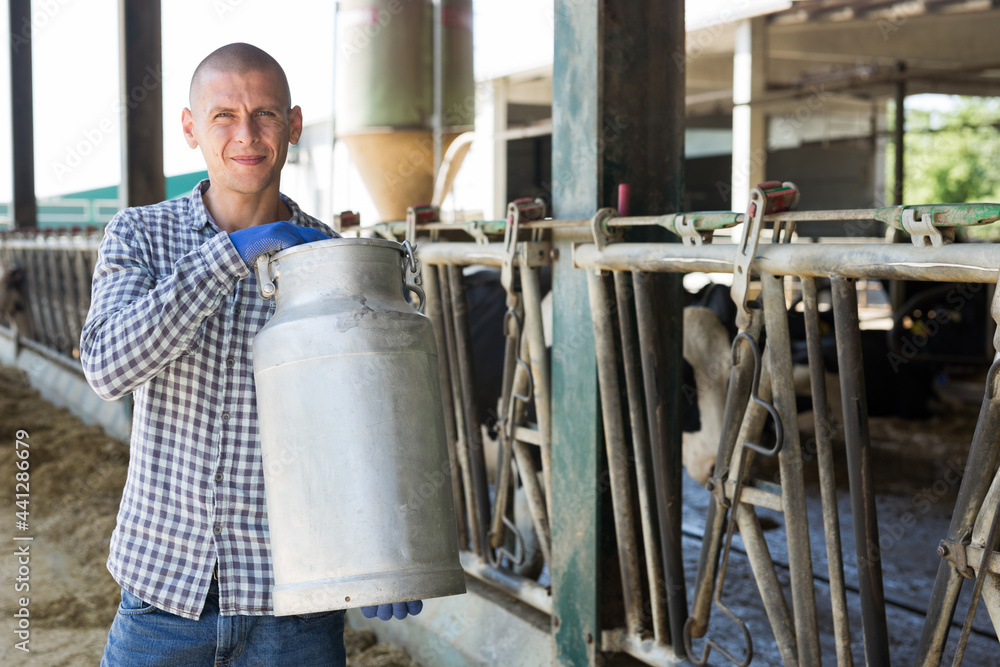 Portrait of focused young adult man farm worker holding big milk can at cowshed on dairy farm