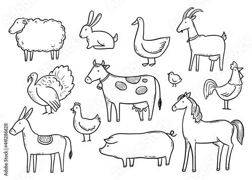 Fototapeta Naklejka Na Ścianę i Meble -  Hand drawn set farm domestic animal, horse, cow, bird. Doodle sketch style. Pork, fowl meat, farm food background, icon. Isolated vector illustration.