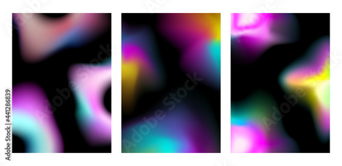 Set of posters with abstract distorted splashes on black background. Minimal vector vibrant gradient design for covers and banners. © Vitaly