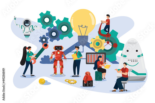 Flat illustration, robots can be employees in companies helping people in the organization move their business forward. The robot's artificial intelligence may be more intelligent than humans.