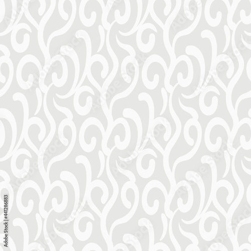 Decorative background pattern with white elements on light gray background, wallpaper. Seamless pattern, texture