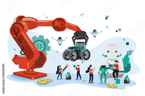 Flat illustration. Robots are helping humans to produce tractors that make work fast and accurate. The robot's artificial intelligence that may be more intelligent than human beings in the future.