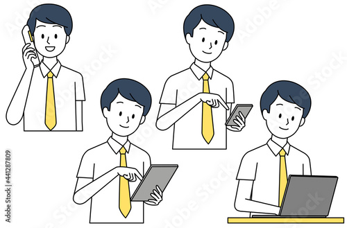 電話や端末で予約をする男性（シンプルカラー）