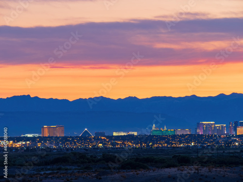Photography Sunset view of the famous strip skyline of Las Vegas at Nevada