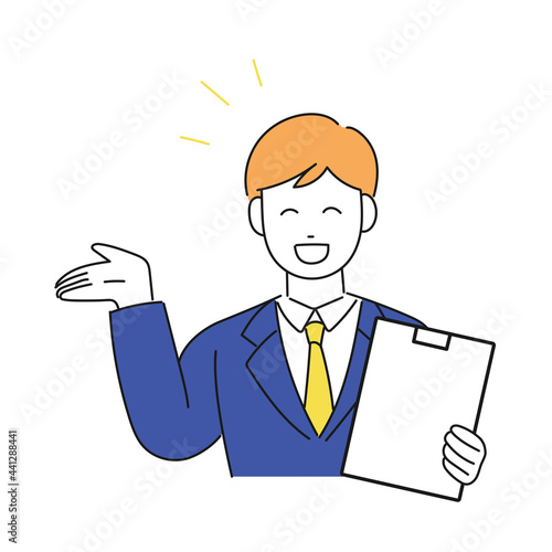 笑顔で説明をするビジネスパーソンのイラスト