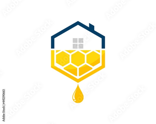 Hexagonal house shape with abstract bee hive above