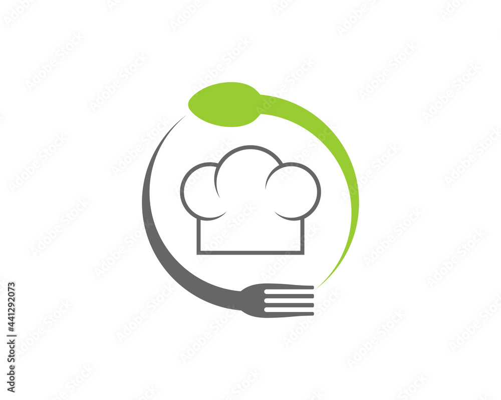 Circular fork and spoon with chef hat in the middle Circular fork and spoon with chef hat in the middle