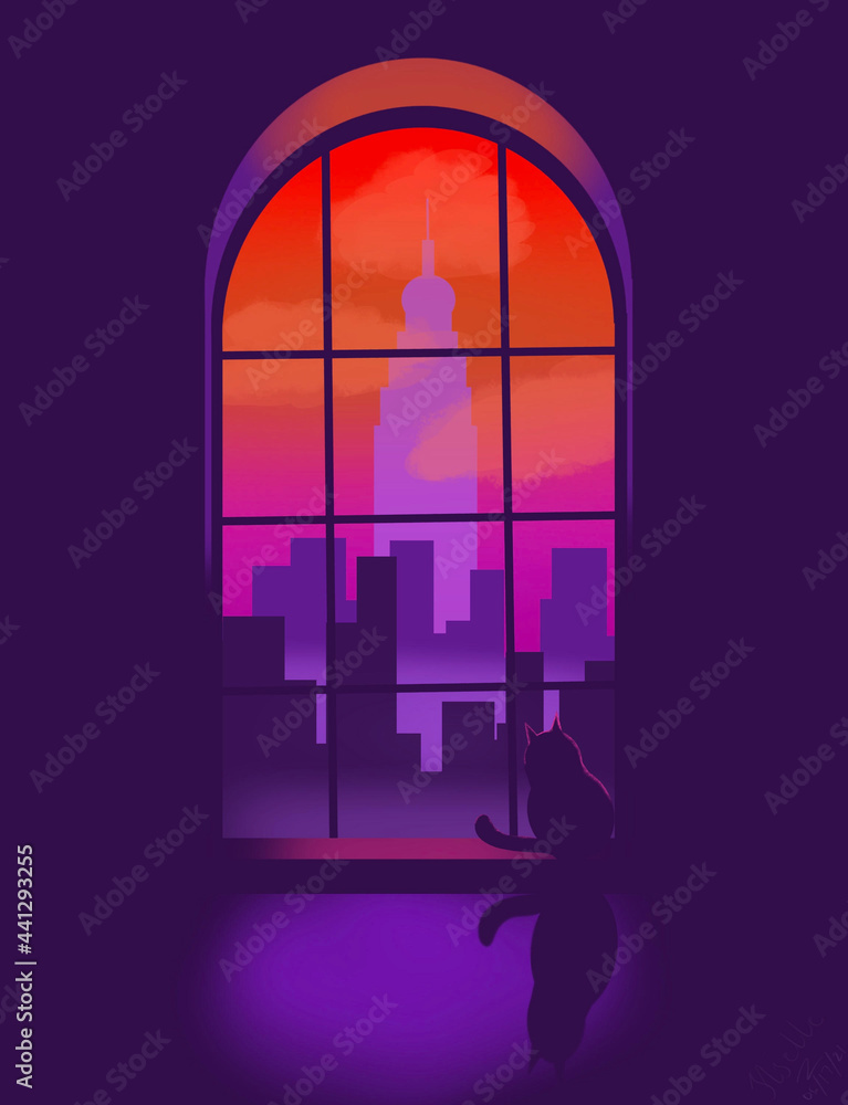 illustration of a window with a sitting cat illustration of a window with a sitting cat
