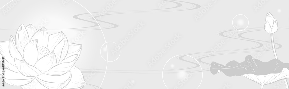 流水に蓮の花のバナーイラスト 薄墨風 Stock Vector Adobe Stock