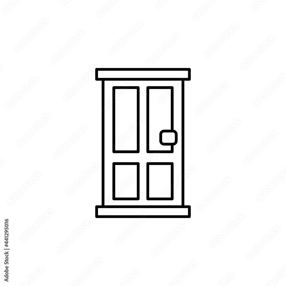 door, wooden entrance icon in flat black line style, isolated on white background 