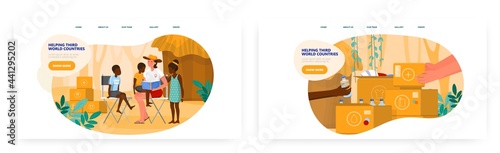 Volunteers helping third world countries. Landing page design, website banner vector templates. Developing countries aid