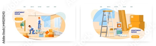 Apartment repair service, landing page design, website banner vector template set. Wall restoration, home renovation.