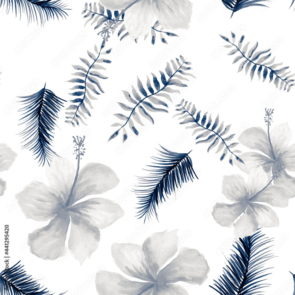 Indigo Seamless Hibiscus. Cobalt Pattern Design. Blue Tropical Foliage. Navy Spring Leaf. Gray Decoration Nature. Drawing Painting. Watercolor Vintage. Indigo Seamless Hibiscus. Cobalt Pattern Design. Blue Tropical Foliage. Navy Spring Leaf. Gray Decoration Nature. Drawing Painting. Watercolor Vintage.