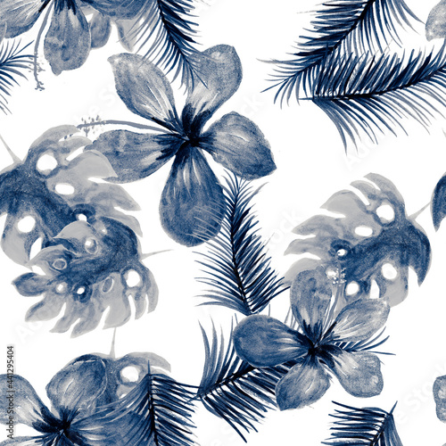 White Seamless Plant. Azure Pattern Palm. Navy Tropical Leaves. Indigo Wallpaper Palm. Blue Drawing Botanical. Cobalt Decoration Leaves. Monstera Leaves.