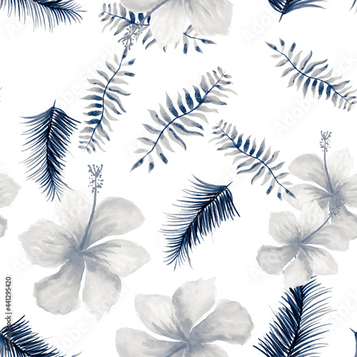 Indigo Seamless Hibiscus. Cobalt Pattern Design. Blue Tropical Foliage. Navy Spring Leaf. Gray Decoration Nature. Drawing Painting. Watercolor Vintage.