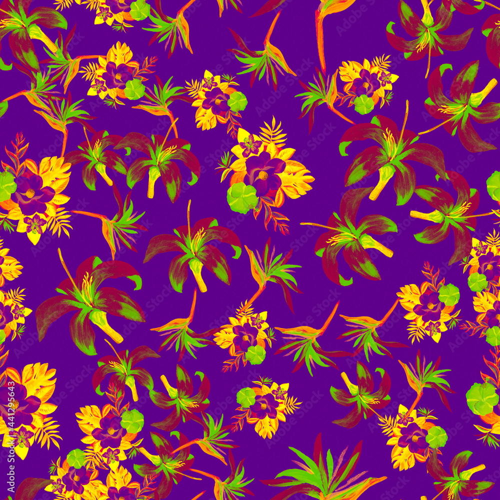 Lavender Pattern Texture. Violet Seamless Palm. Purple Tropical Painting. Plum Flower Design. Yellow Decoration Texture. Spring Exotic. Garden Leaf.