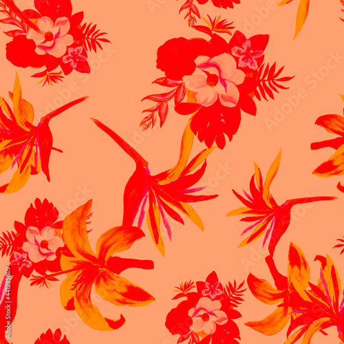 Ruby Pattern Design. Pink Seamless Leaves. Scarlet Tropical Plant. Coral Flower Design. Red Wallpaper Botanical. Decoration Nature. Watercolor Exotic.