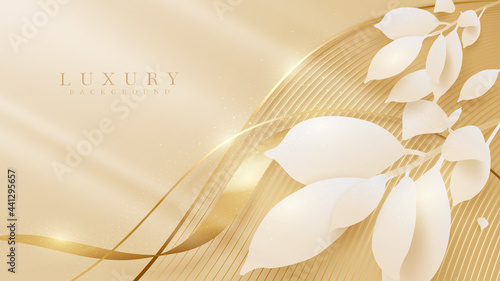 Elegant pastel light brown abstract background combined with golden lines curves and leaves 3d paper cut style elements. Modern design template vector illustration.