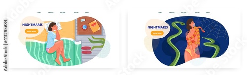 Nightmares landing page design, website banner vector template set. Bad dream, fear, anxiety, despair. Sleep disorder.