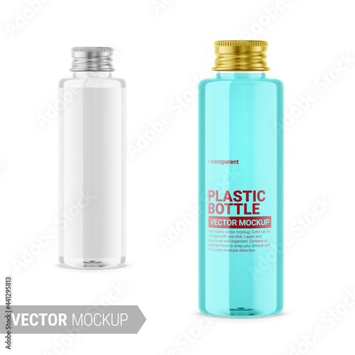 Transparent glossy plastic bottle mockup. Vector illustration.
